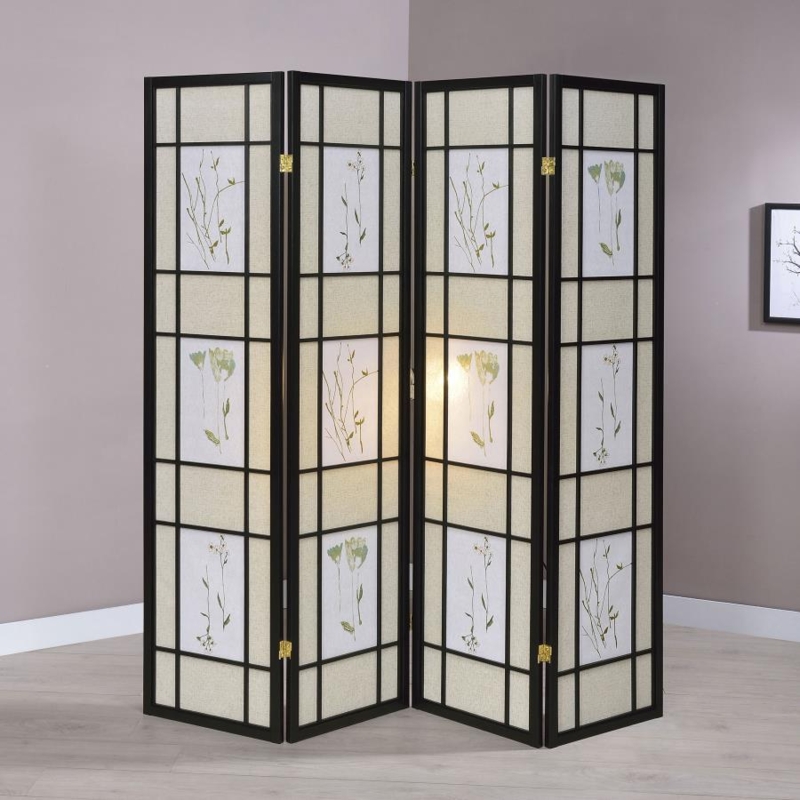 Room Divider: Black 4-Panel Folding Shoji Screen Botanical Floral Print