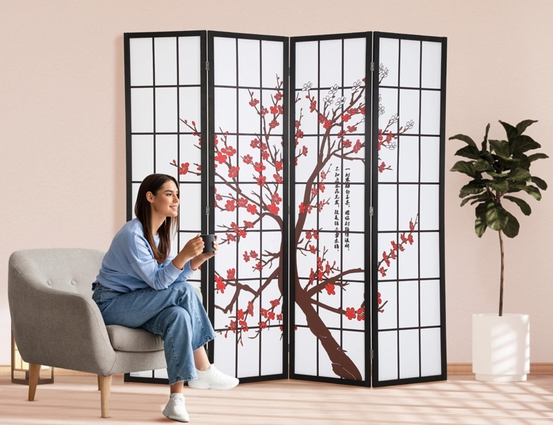 Room Divider: Black 4-Panel Shoji Screen featuring Plum Blossom Graphic