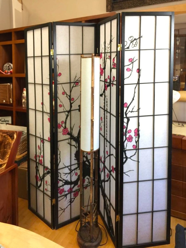 Room Divider: Black Frame 4-Panel Japanese Cherry Blossom Shoji Screen
