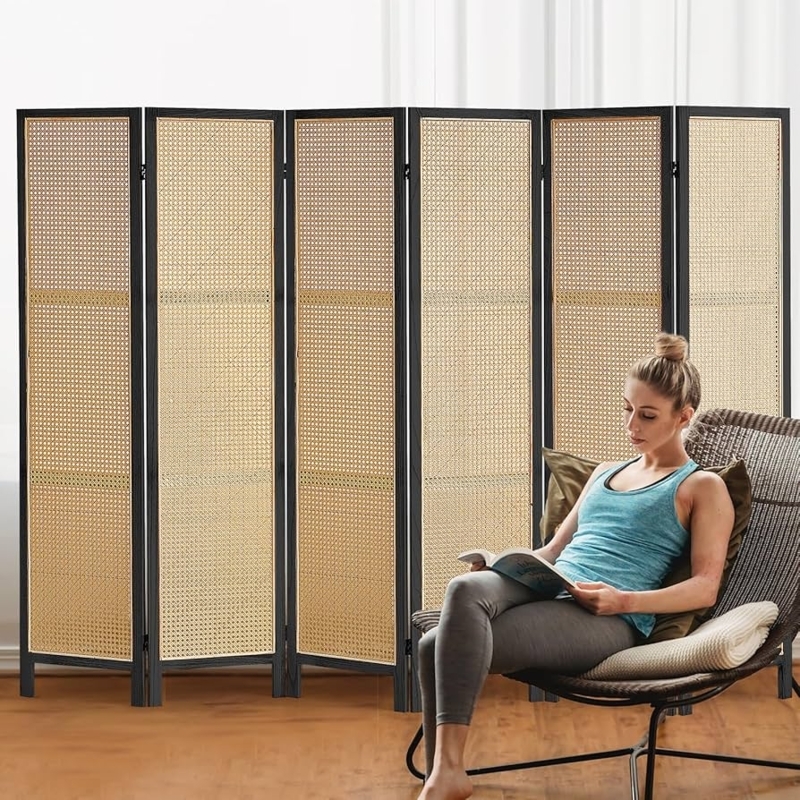 Room Divider Black Frame Woven Rattan Cane Folding Screen Boho