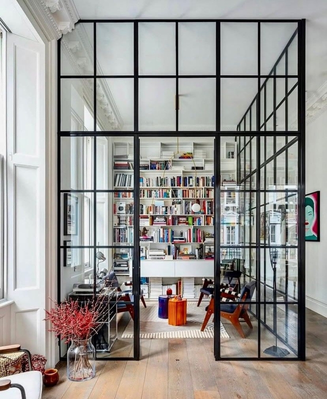 Room Divider Black Metal Grid Glass Wall, Crittall Style Partition