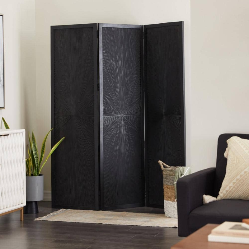 Room Divider Black Sunburst Carving Foldable Bohemian Screen
