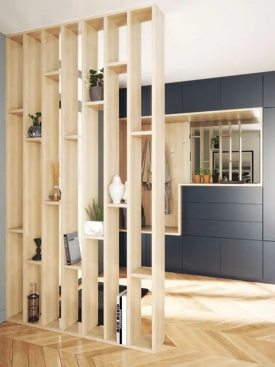 Room Divider Blonde Wood Slats, Scandinavian Integrated Shelving