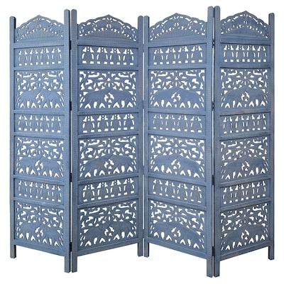 Room Divider Blue Washed Wood Intricate Openwork Carving