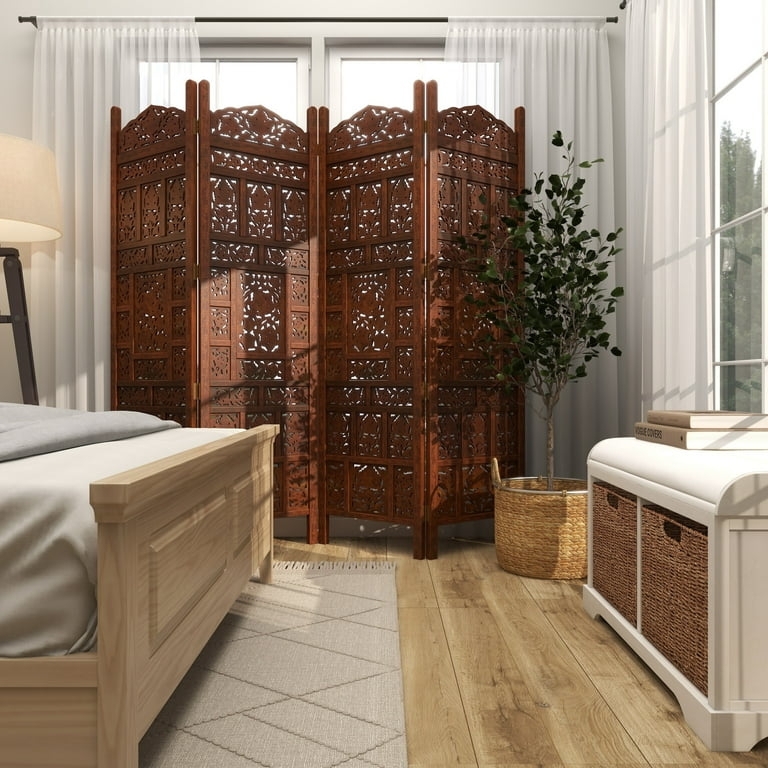 Room Divider, Bohemian Floral Carved Four Panel Screen Wood Tone