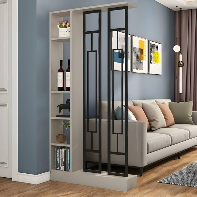 Room Divider Bookshelf with Geometric Metal Screen, Gray and Black