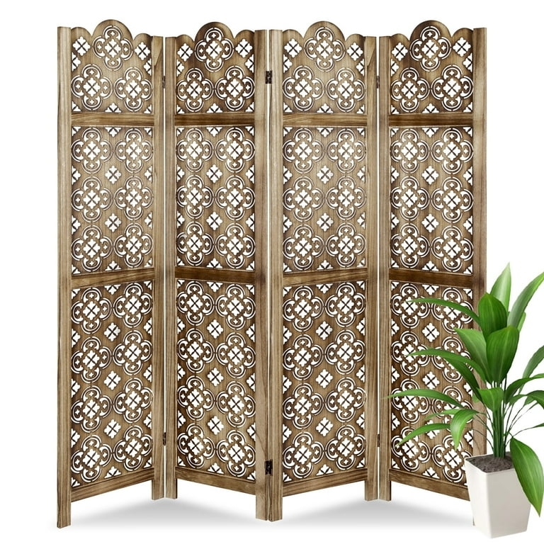 Room Divider, Brown Wood 4-Panel Quatrefoil Cutout Screen