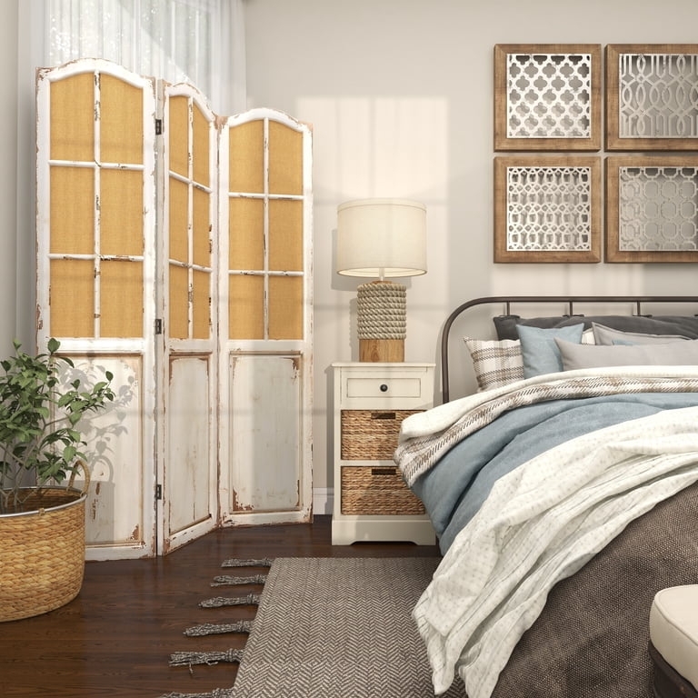 Room Divider Burlap Window Pane Panels, Distressed Farmhouse Screen