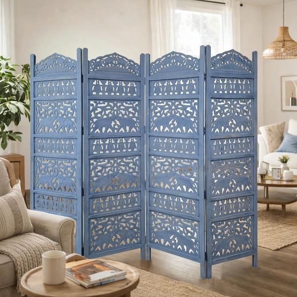 Room Divider Carved Elephant Motif Antique Blue Screen