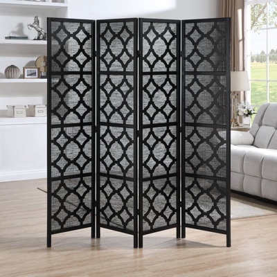 Room Divider Charcoal Grey Geometric Fretwork 4 Panel Folding Screen