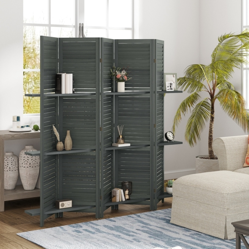 Room Divider Charcoal Grey Louvered 5-Panel Integrated Shelves