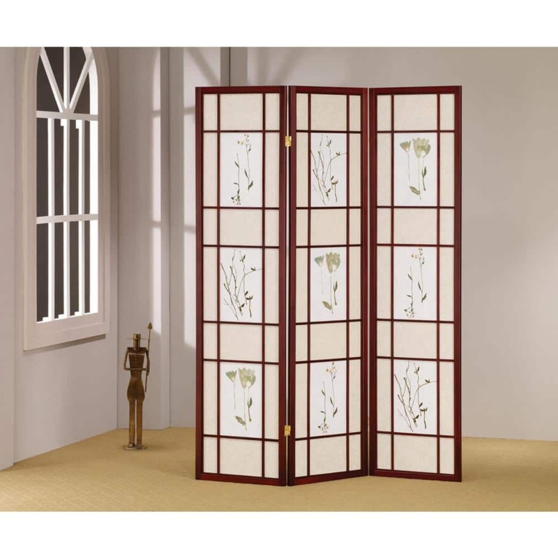 Room Divider: Cherry Finish Shoji Screen with Botanical Prints