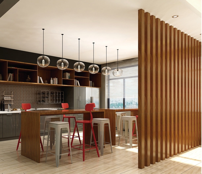Room Divider Chestnut Wood Slats, Industrial Bar Seating Partition