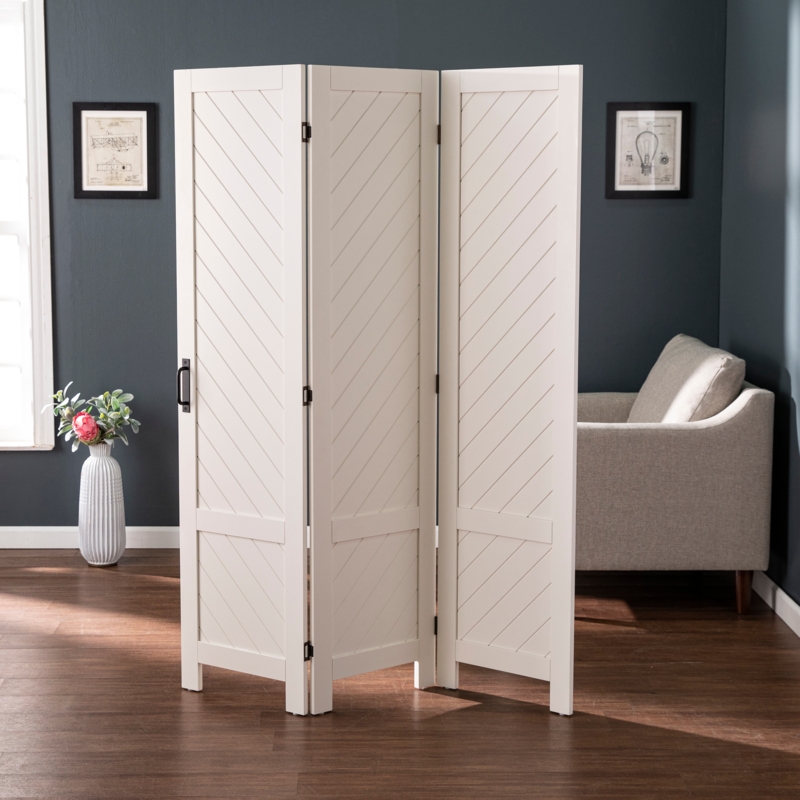 Room Divider Chevron Slats White Three Panel Folding Partition