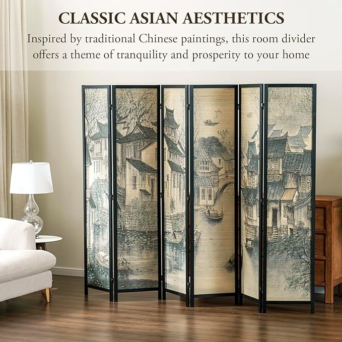Room Divider Chinese Landscape Black Frame Folding Screen