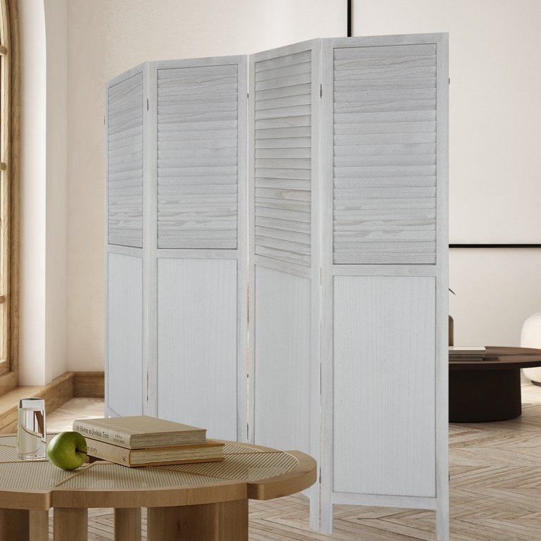 Room Divider, Coastal Style Whitewashed Louvered Top Screen