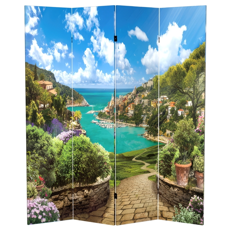 Room Divider Coastal Village Print Four Panel Canvas Folding Screen