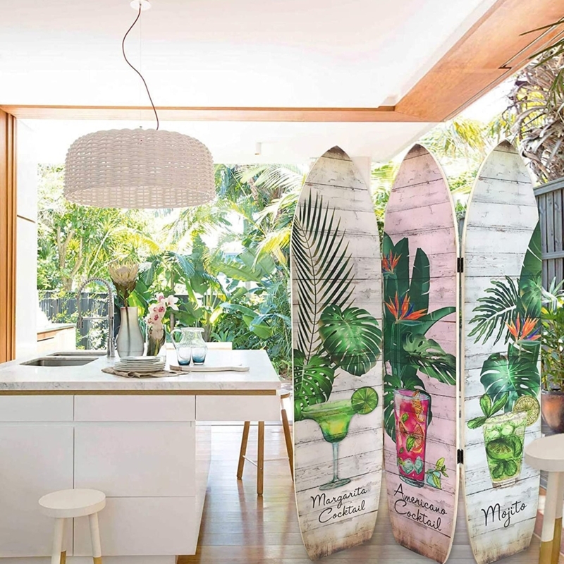 Room Divider Cocktail Graphics Surfboard Shape Tropical Print Screen