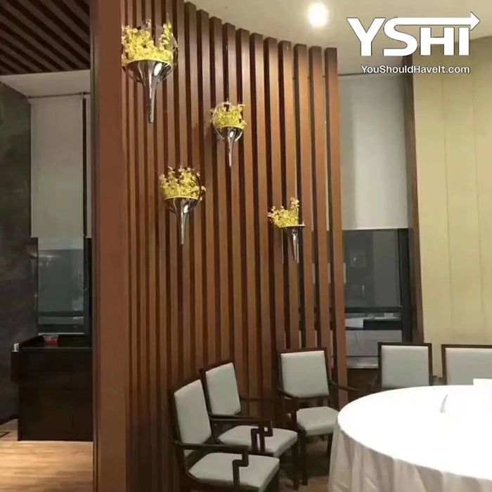 Room Divider Curved Slatted Wall Cherry Wood Tone Modern Design