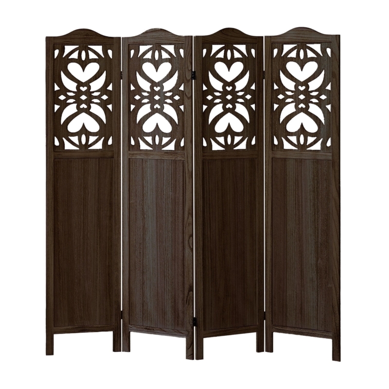 Room Divider, Dark Brown 4-Panel Carved Heart Motif Screen