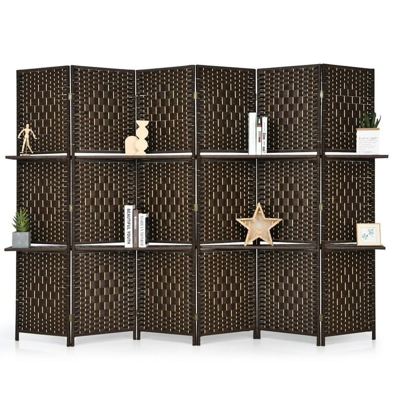 Room Divider Dark Brown Woven Fiber Integrated Shelves Partition
