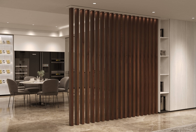Room Divider Dark Walnut Tone Vertical Slats Architectural Screen
