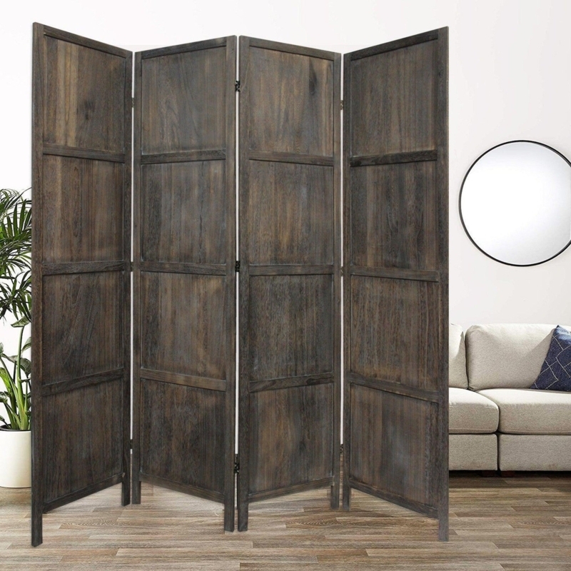 Room Divider Dark Weathered Finish Four Panel Rustic Folding Screen