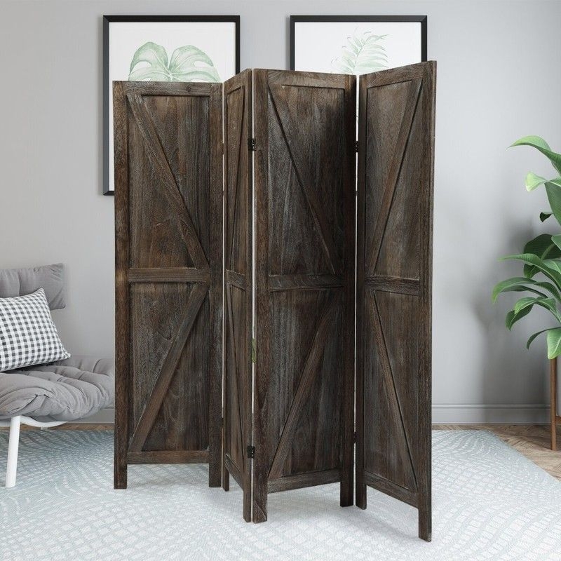 Room Divider, Dark Wood Folding Screen X-Brace Barn Door Style