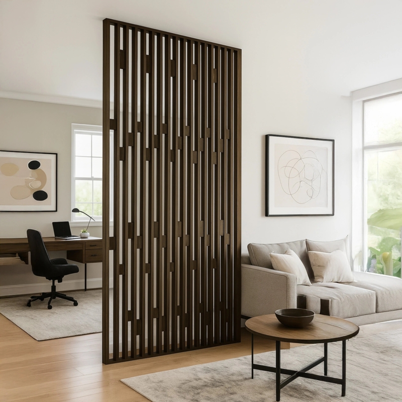 Room Divider Dark Wood Slat Wall with Staggered Design