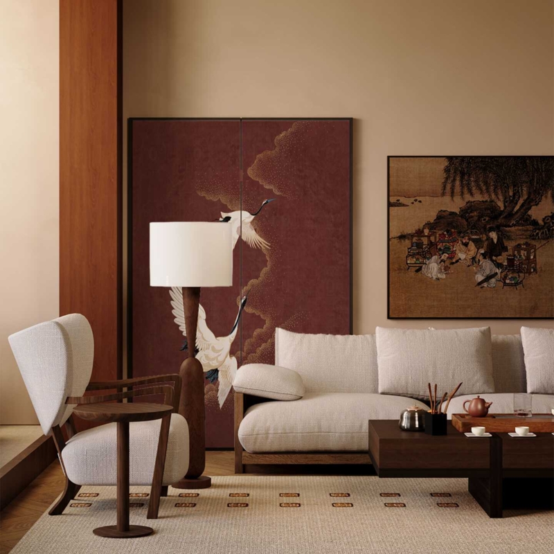 Room Divider, Deep Maroon Crane Motif Illustrated Folding Screen