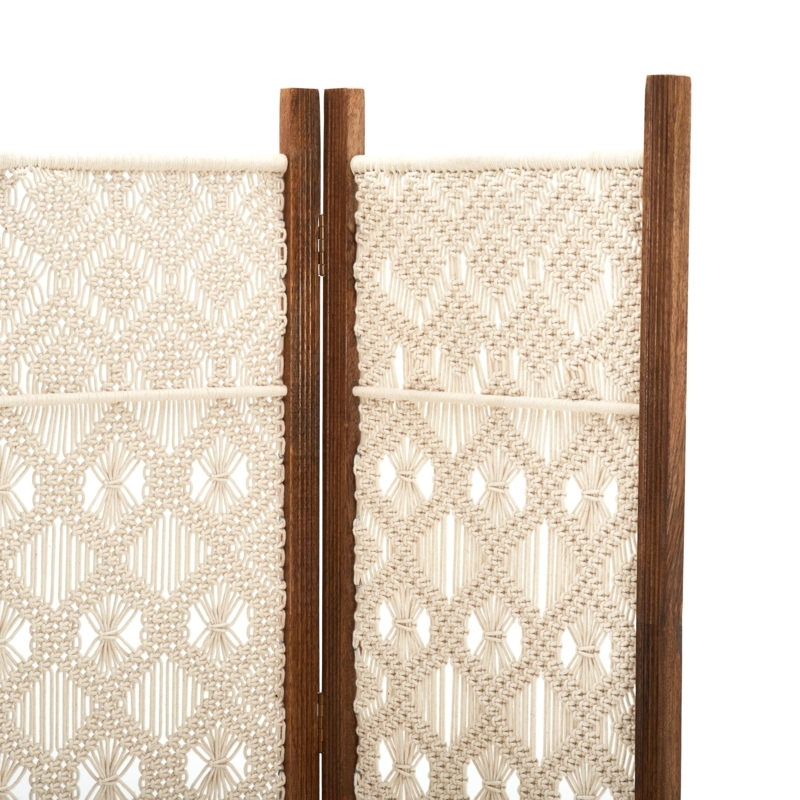 Room Divider Diamond Macrame Weave Dark Wood Frame Geometric Knotted
