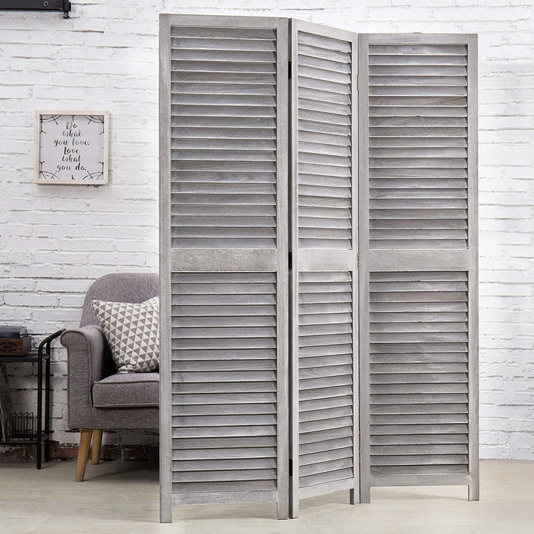 Room Divider Distressed Gray Wood Louvered 3-Panel Shutter