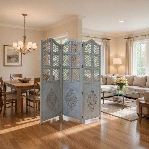 Room Divider Distressed Light Blue Lattice Top Folding Screen
