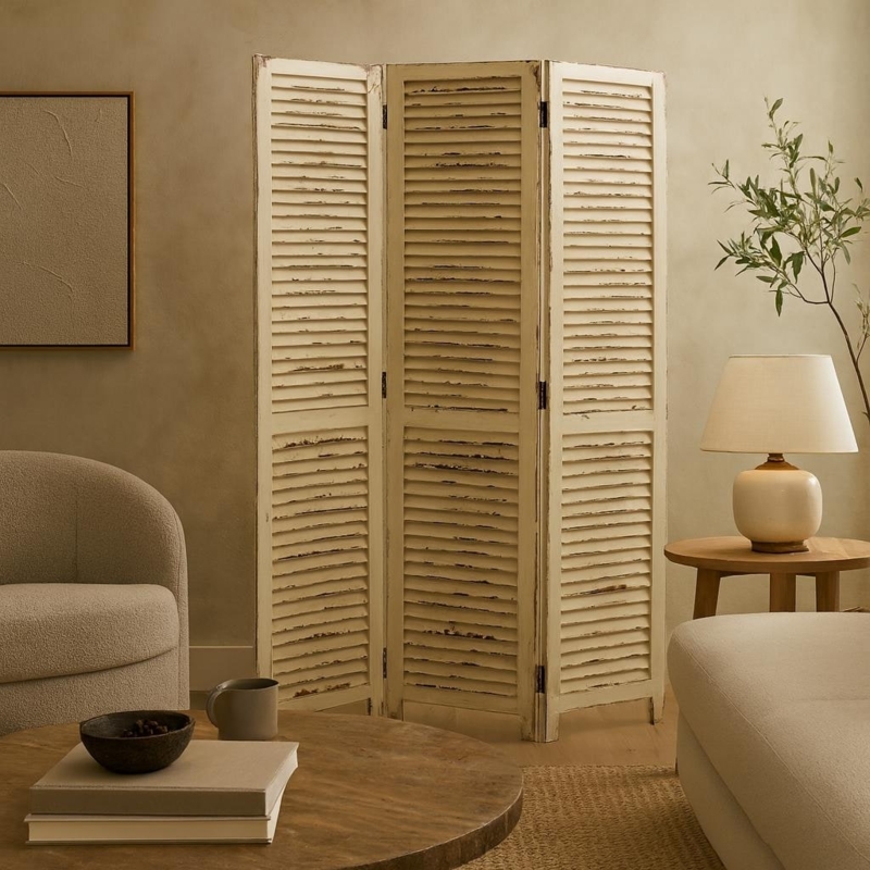 Room Divider Distressed Shutter Finish 3 Panel Louvered Design Cream