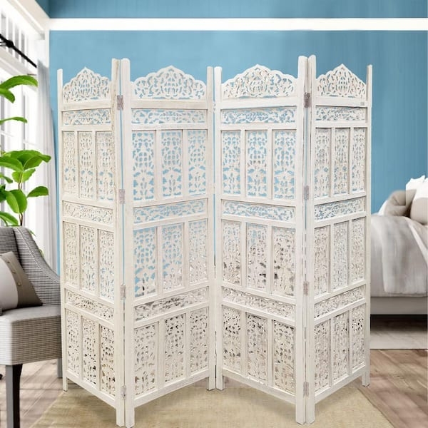 Room Divider Distressed White Openwork Carving Arched Folding Screen
