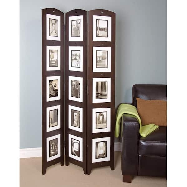 Room Divider Espresso Triple Panel Integrated Photo Frames Arched Top