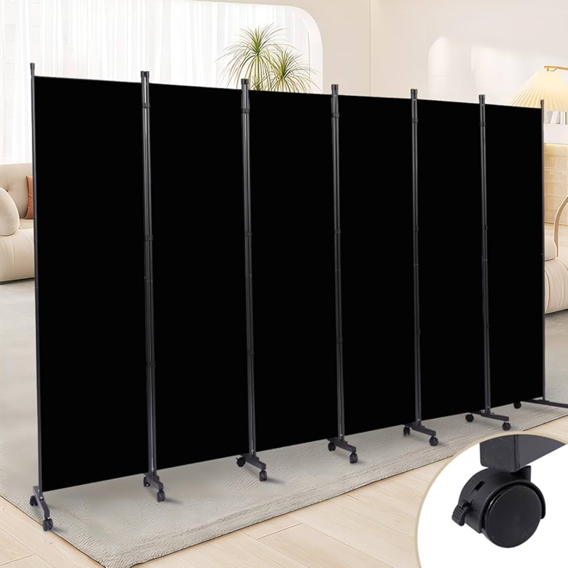 Room Divider Fabric Folding Portable Locking Casters Matte Black