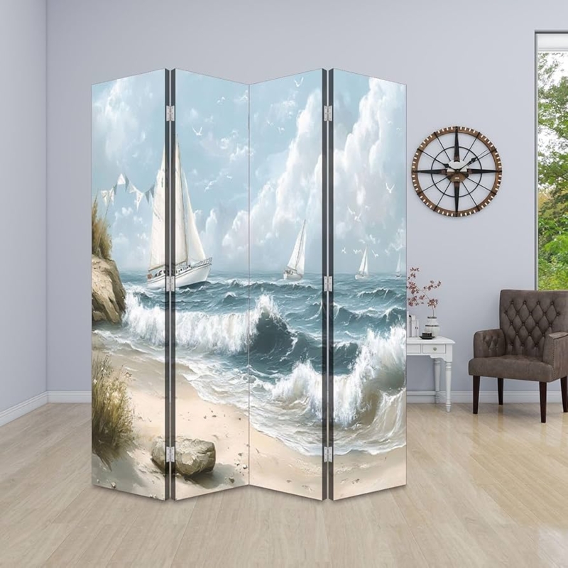 Room Divider Featuring Sailboat Mural. 4-Panel Nautical Privacy Screen.