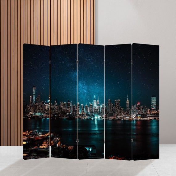 Room Divider Five Panel Night City Skyline with Cyan Light Accents
