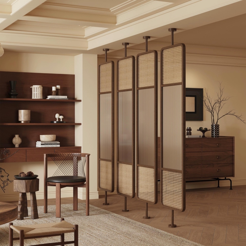 Room Divider Fluted Glass Cane Inserts Wood Frame Tension Pole Mount