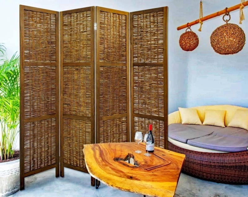 Room Divider Foldable Natural Finish Boho Style Woven Bamboo Screen