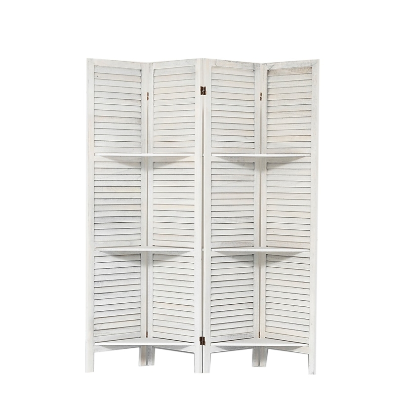 Room Divider Folding Louvered Panels with Built-in Shelving White