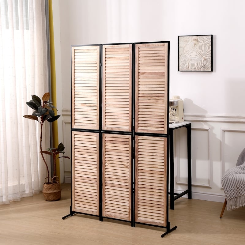 Room Divider Folding Louvered Slats Black Metal Frame Japandi Screen