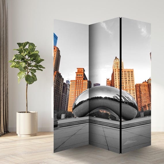 Room Divider Folding Screen Cityscape Graphic, Selective Color Print