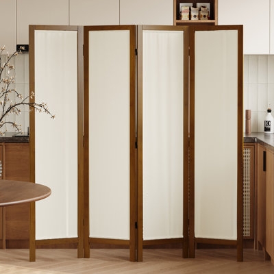 Room Divider Folding Walnut Wood Frame Cream Fabric Panels