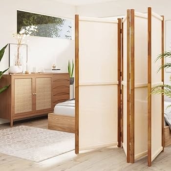 Room Divider Four Panel Light Wood Frame Cream Fabric Japandi Screen