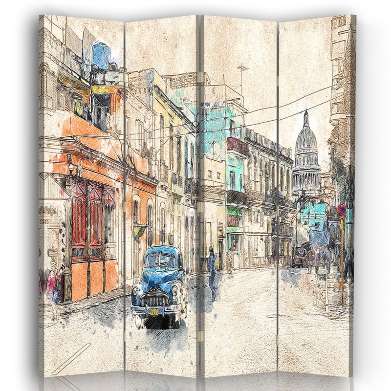 Room Divider Four Panel Vintage Cuba Print Hand Drawn Aesthetic