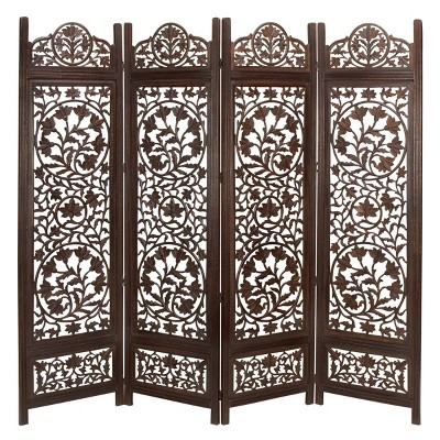 Room Divider Four Panels Floral Carvings Dark Brown Folding
