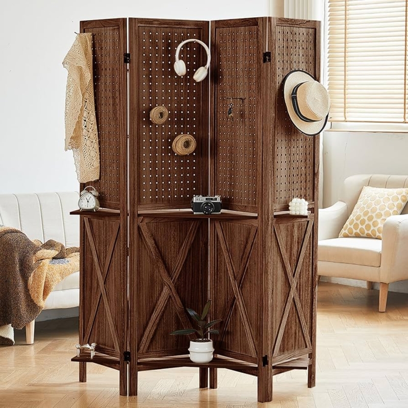 Room Divider, Functional Pegboard Panels and Shelves Folding Screen