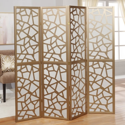 Room Divider Geometric Fretwork Gold Finish Folding Glam Screen